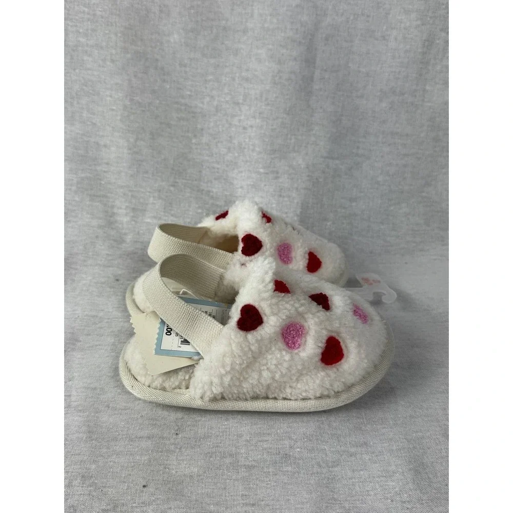 Cat‎ & Jack Baby Girls Heart Sherpa Slippers White Red Pink Strap S 5/6 NWT